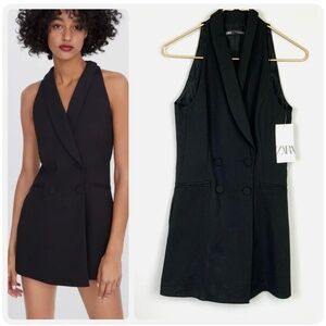 Zara Black Sleeveless Tuxedo Blazer Romper